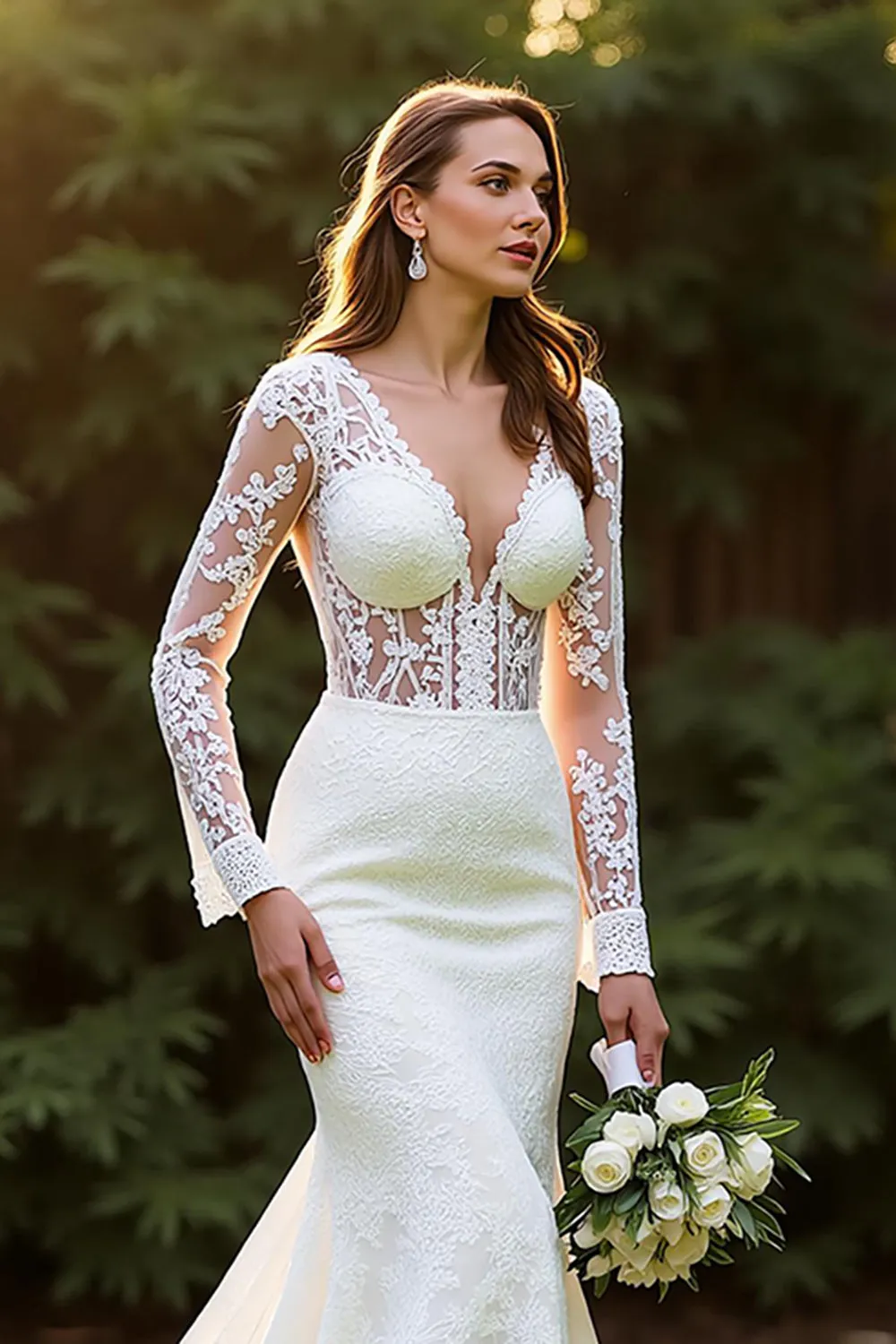 Ivory V-Neck Lace Mermaid Wedding Dress with Appliques sold by Zapaka product image thumbnail 3