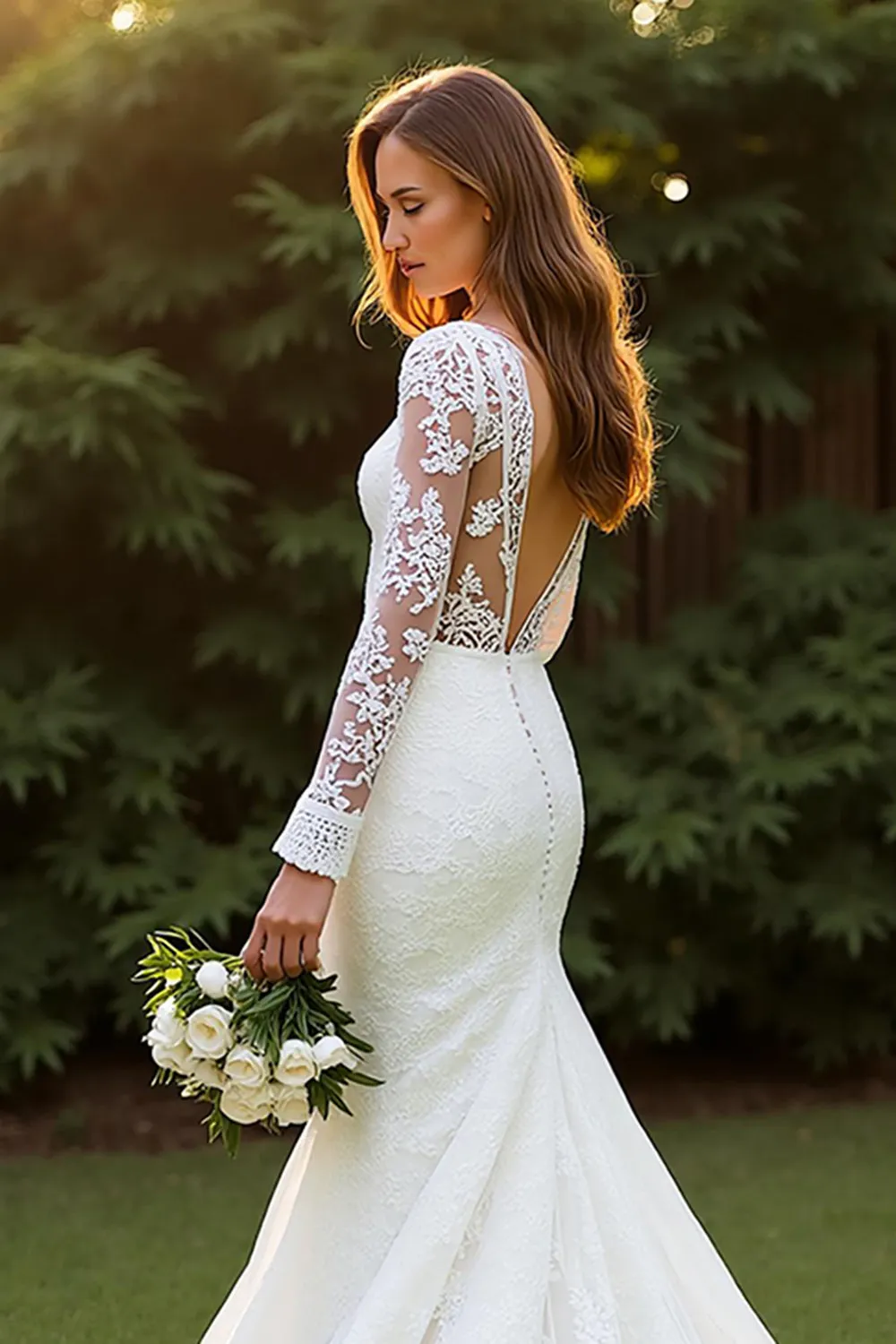 Ivory V-Neck Lace Mermaid Wedding Dress with Appliques sold by Zapaka product image thumbnail 4