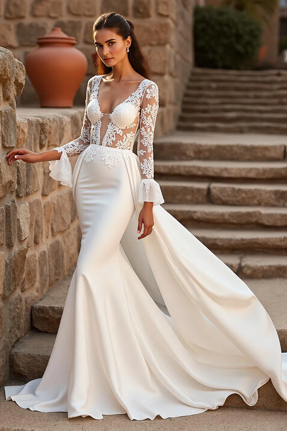 Mermaid Court Train Satin Ivory Wedding Dress with Lace Appliques sold by Zapaka
