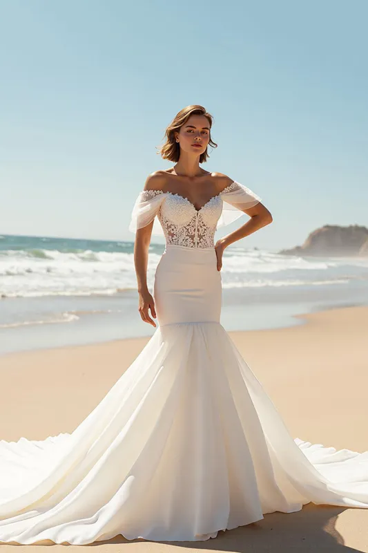 Ivory Mermaid Off the Shoulder Chapel Train Wedding Dress with Lace Appliques sold by Zapaka