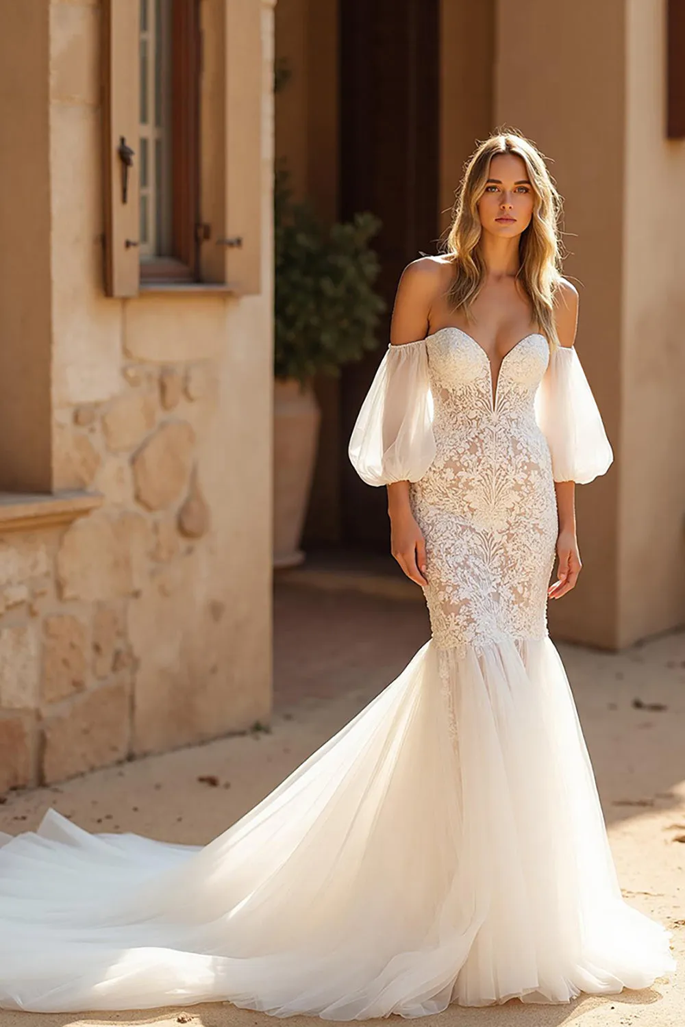 Ivory Mermaid Court Train Tulle Wedding Dress with Lace Appliques sold by Zapaka