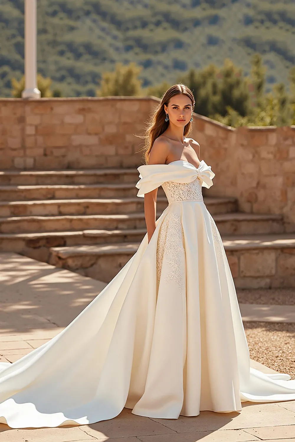 Court Train Satin A Line Off the Shoulder Ivory Wedding Dress with Lace Appliques sold by Zapaka