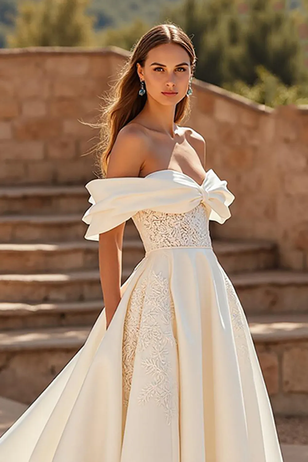 Court Train Satin A Line Off the Shoulder Ivory Wedding Dress with Lace Appliques sold by Zapaka product image thumbnail 2