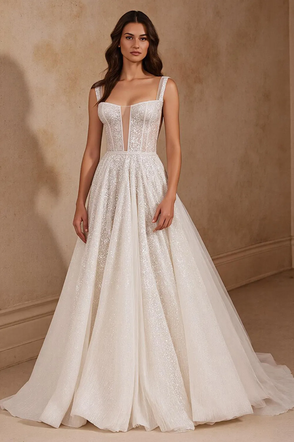 A Line Sweep Train Sparkly Sequins Ivory Wedding Dress sold by Zapaka