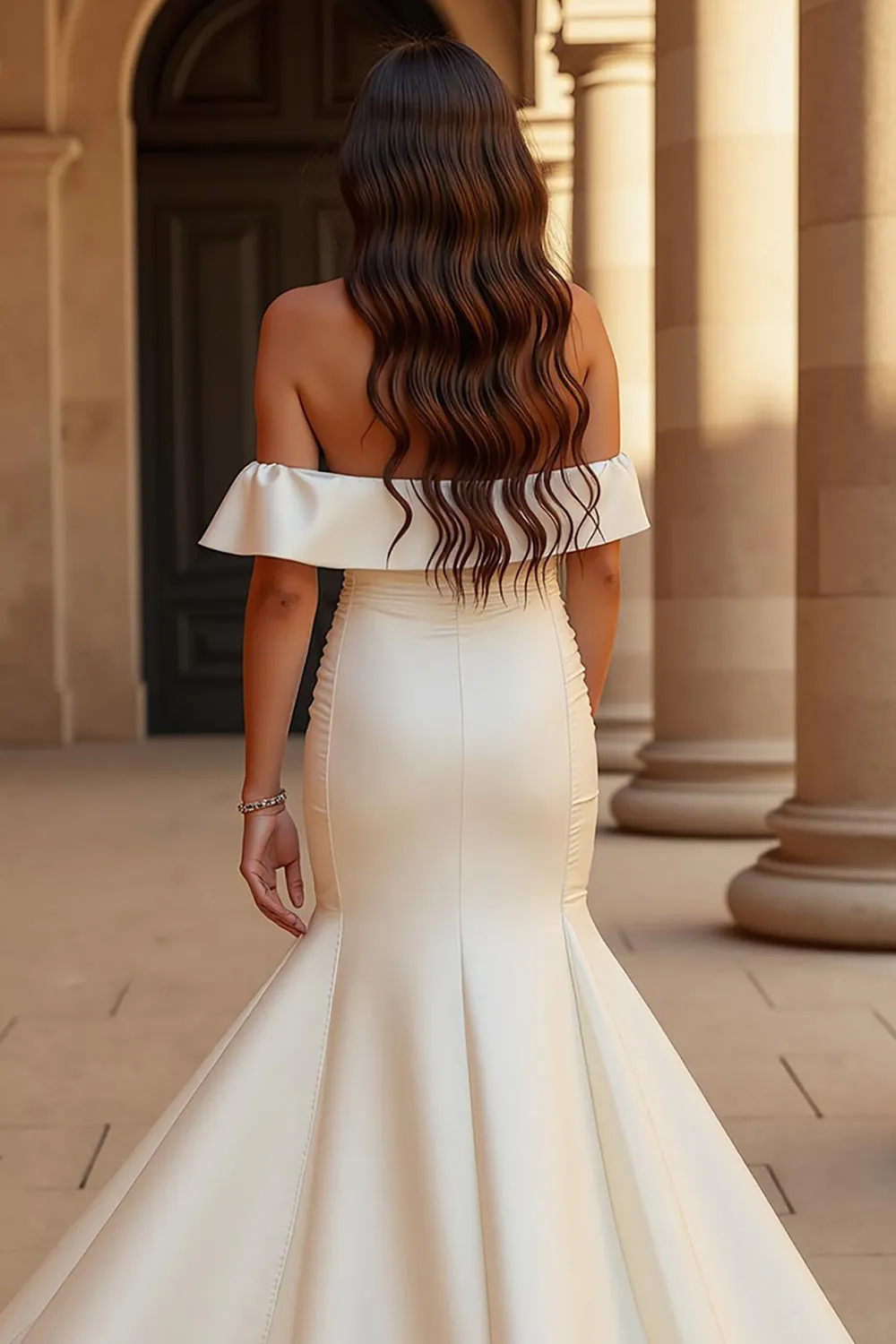 Simple Mermaid Off the Shoulder Court Train Ivory Wedding Dress with Slit sold by Zapaka product image thumbnail 2