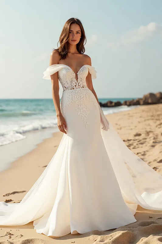 Mermaid Court Train Ivory Off the Shoulder Wedding Dress with Lace Appliques sold by Zapaka
