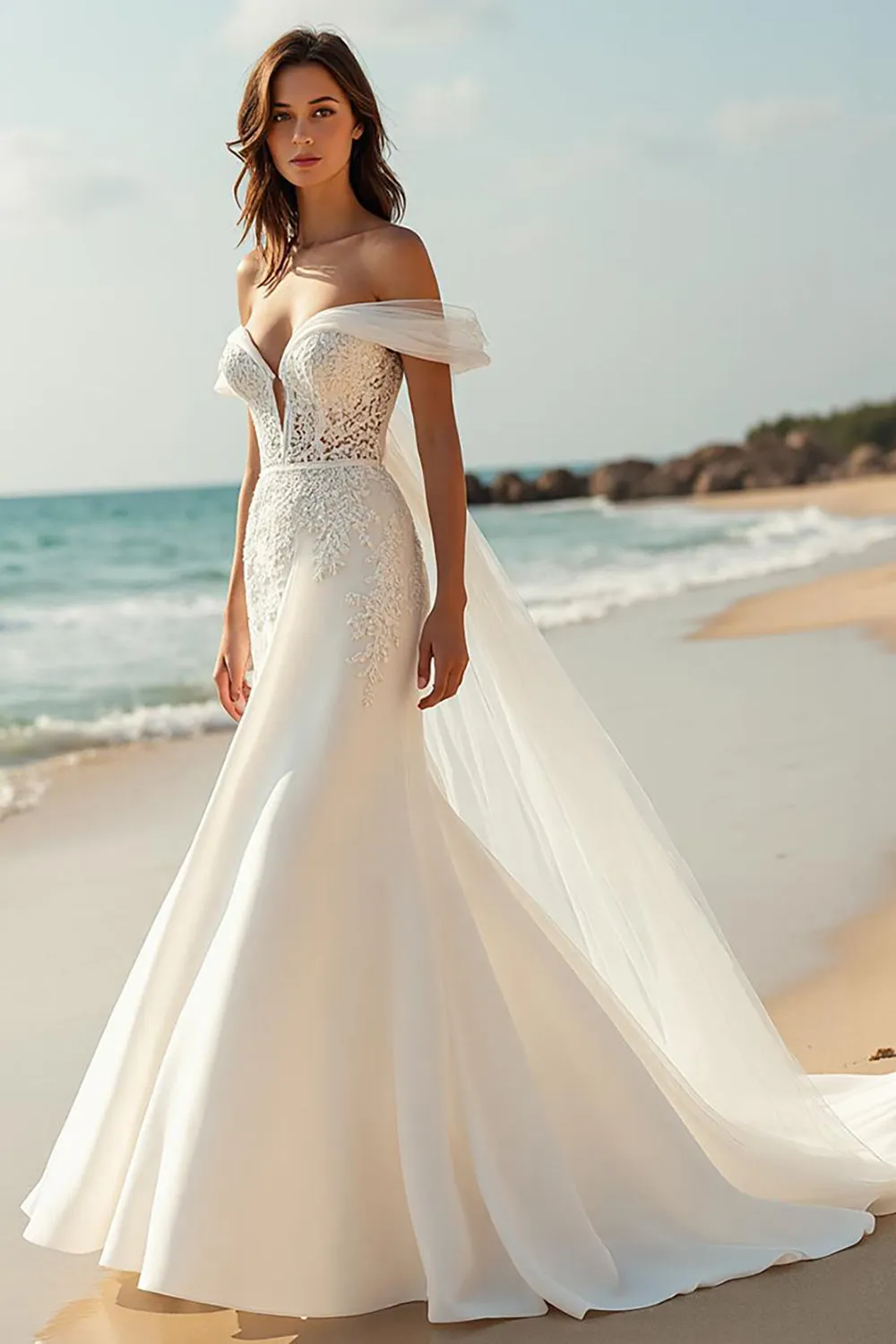 Mermaid Court Train Ivory Off the Shoulder Wedding Dress with Lace Appliques sold by Zapaka product image thumbnail 2