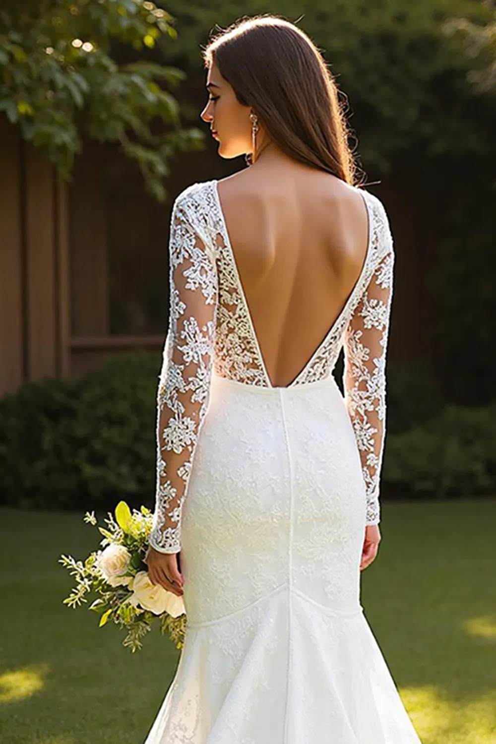 Lace Mermaid Bateau Court Train Ivory Wedding Dress with Appliques sold by Zapaka product image thumbnail 4