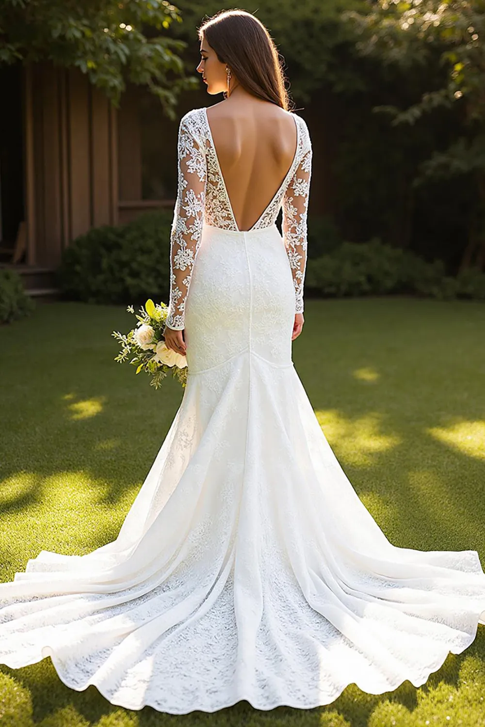 Lace Mermaid Bateau Court Train Ivory Wedding Dress with Appliques sold by Zapaka product image thumbnail 2