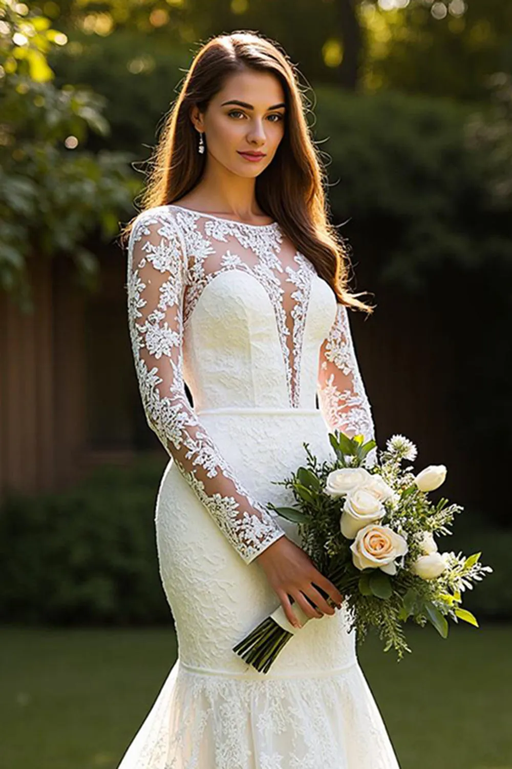 Lace Mermaid Bateau Court Train Ivory Wedding Dress with Appliques sold by Zapaka product image thumbnail 3