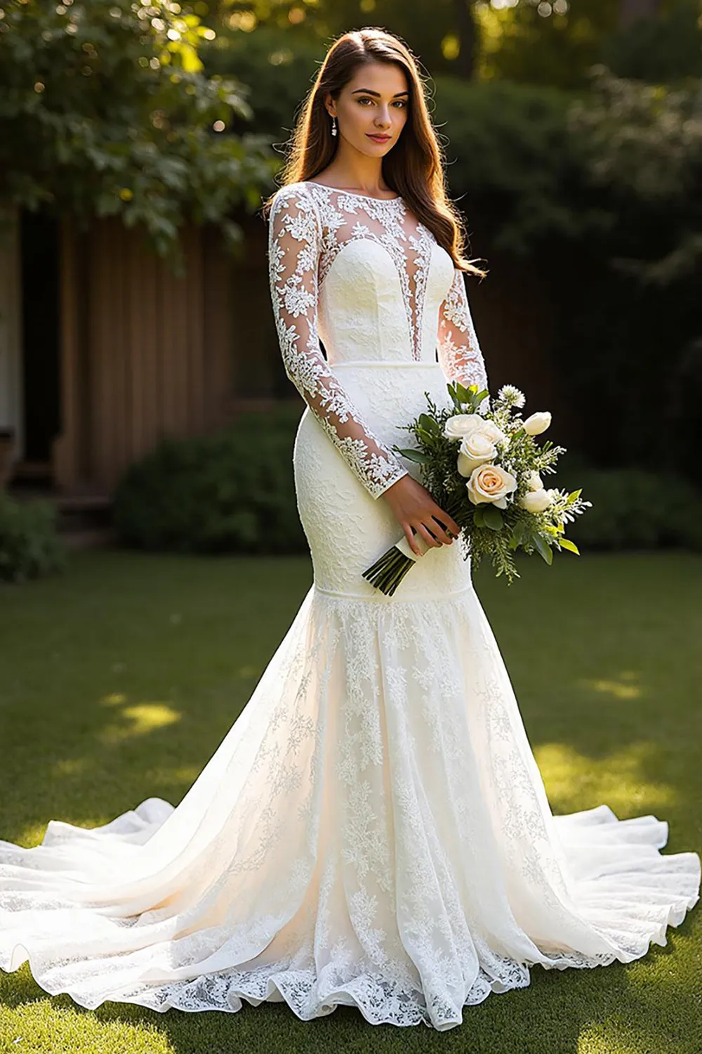 Lace Mermaid Bateau Court Train Ivory Wedding Dress with Appliques sold by Zapaka