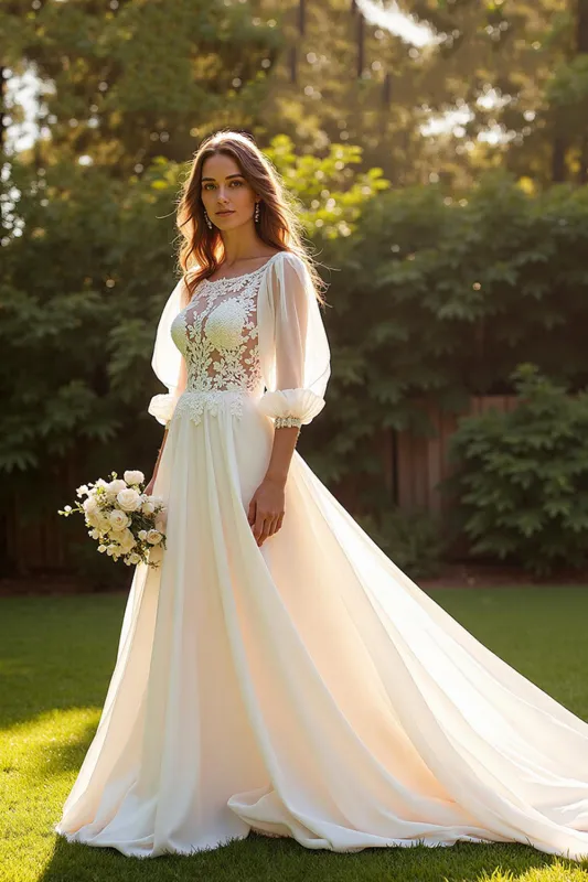 Bateau Chiffon A Line Ivory Wedding Dress with Lace Appliques sold by Zapaka