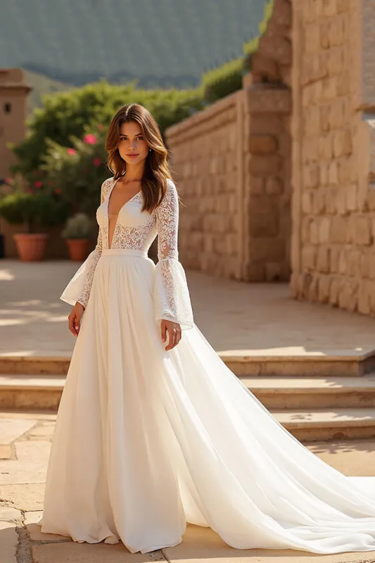 Chiffon V-Neck A Line Ivory Wedding Dress with Lace sold by Zapaka