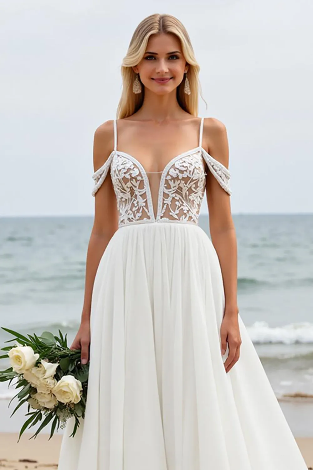 Ivory Sweep Train Chiffon A Line Cold Shoulder Wedding Dress with Lace Appliques sold by Zapaka product image thumbnail 3