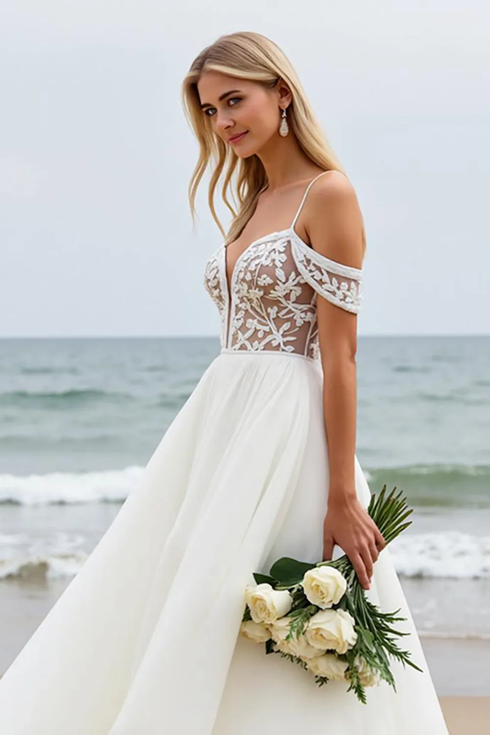 Ivory Sweep Train Chiffon A Line Cold Shoulder Wedding Dress with Lace Appliques sold by Zapaka product image thumbnail 4