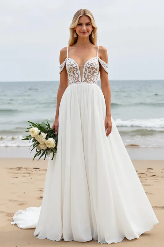 Ivory Sweep Train Chiffon A Line Cold Shoulder Wedding Dress with Lace Appliques sold by Zapaka