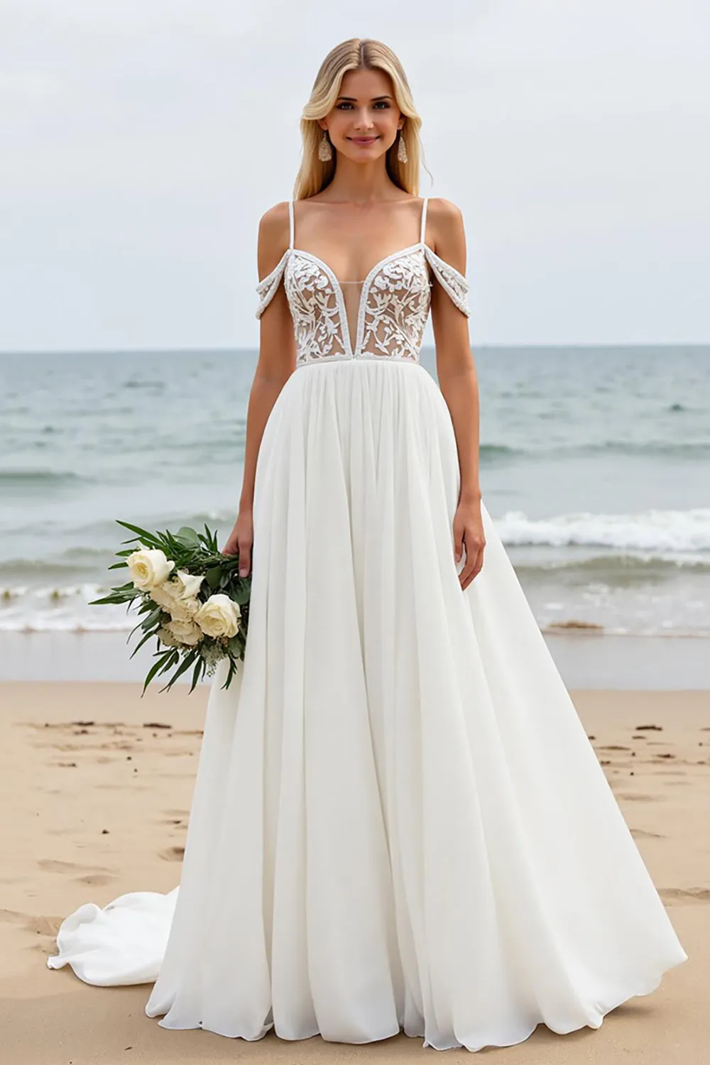 Ivory Sweep Train Chiffon A Line Cold Shoulder Wedding Dress with Lace Appliques sold by Zapaka