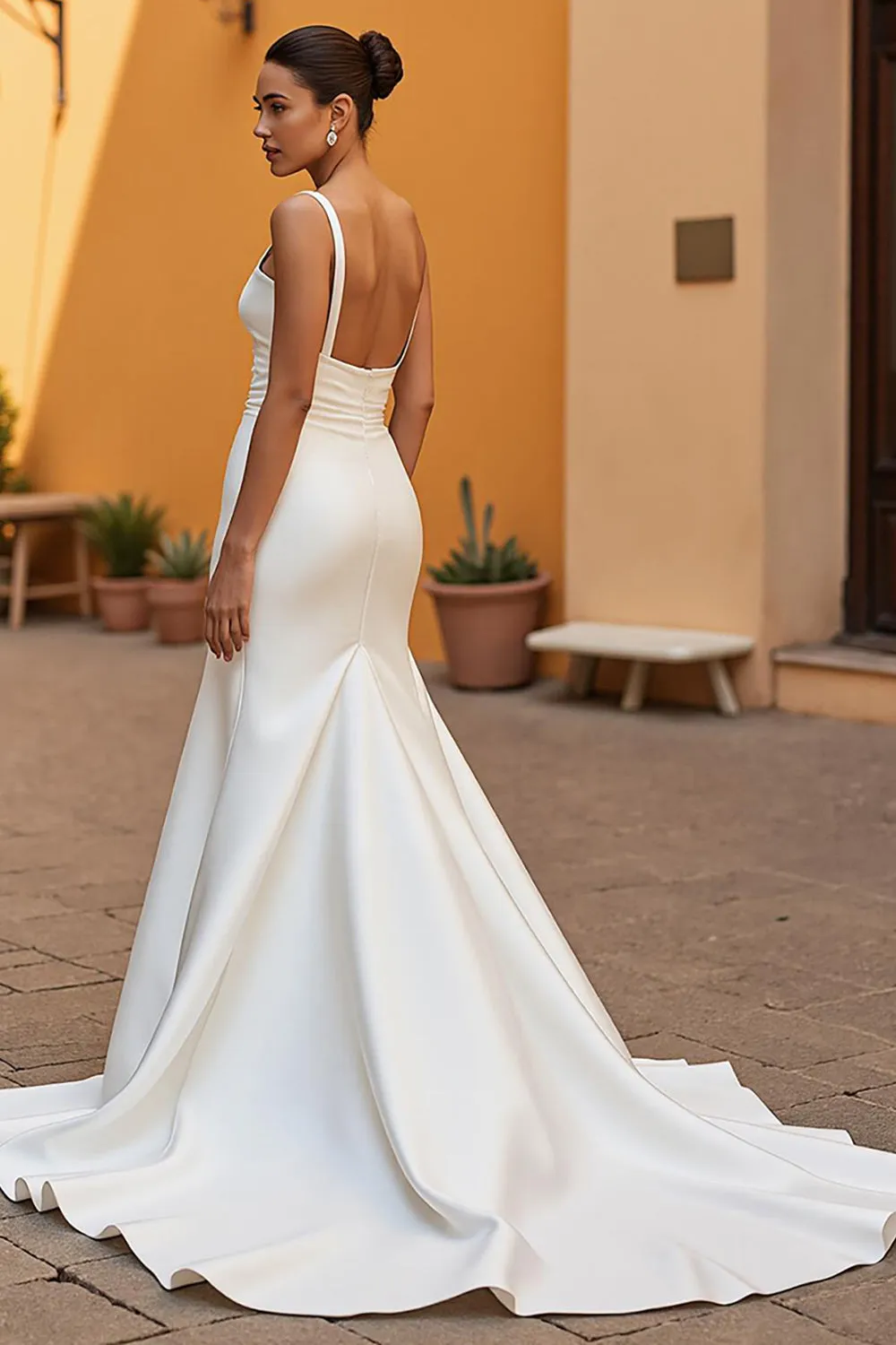 Ivory Court Train Satin Mermaid Square Neck Wedding Dress sold by Zapaka product image thumbnail 2