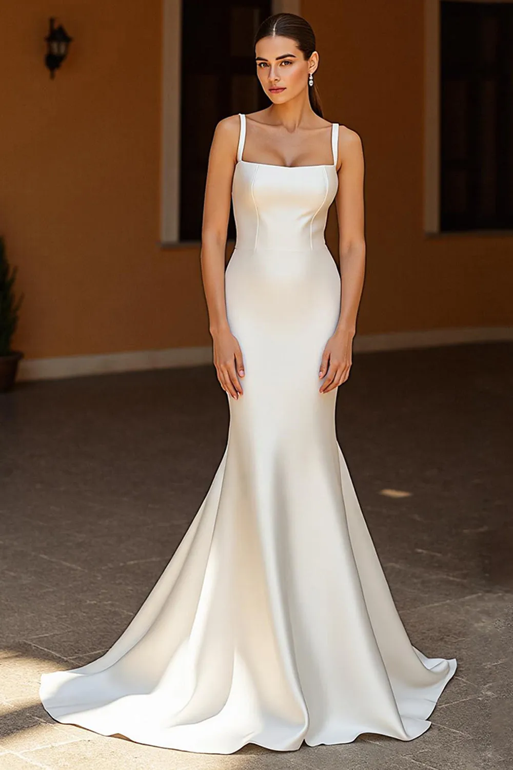 Ivory Court Train Satin Mermaid Square Neck Wedding Dress sold by Zapaka
