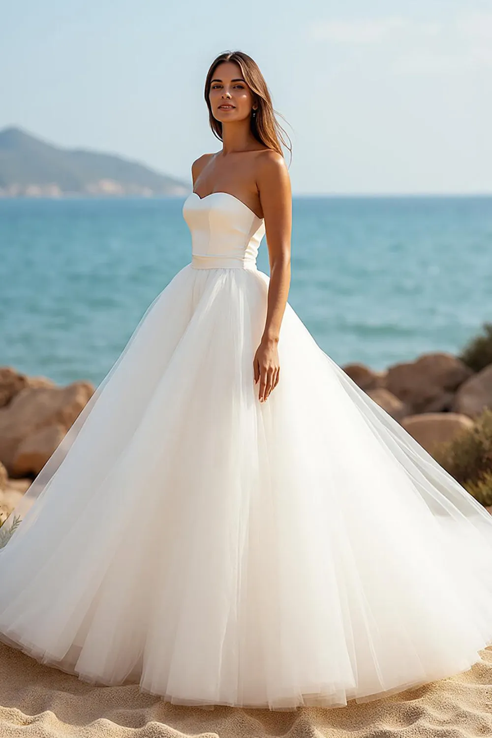 Court Train Tulle A Line Sweetheart Ivory Wedding Dress sold by Zapaka