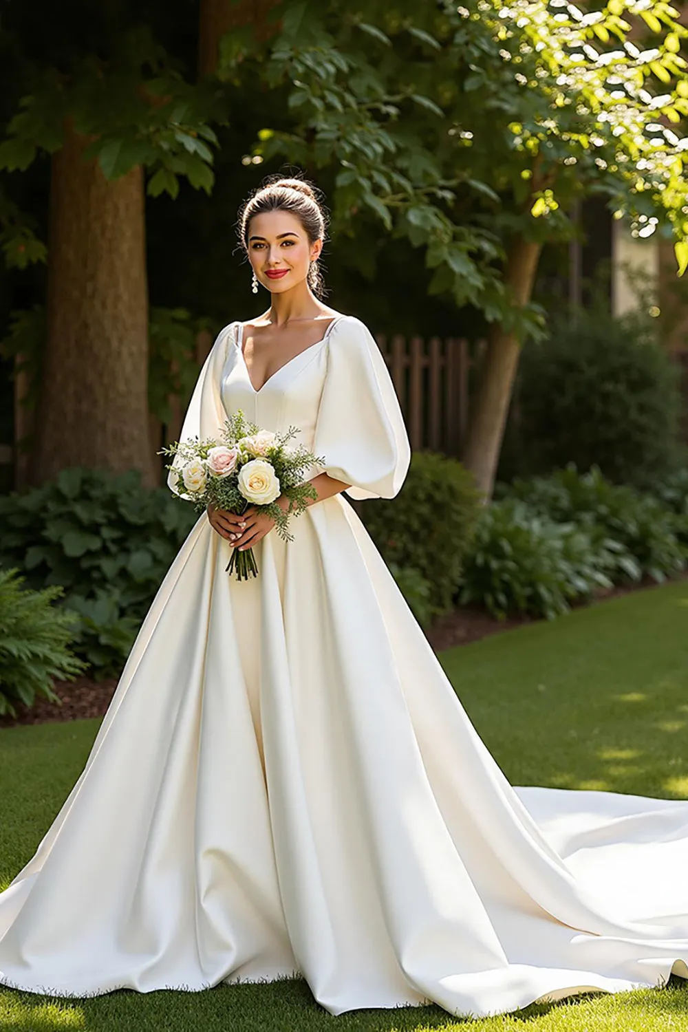 A Line Court Train Simple Satin Ivory Wedding Dress sold by Zapaka