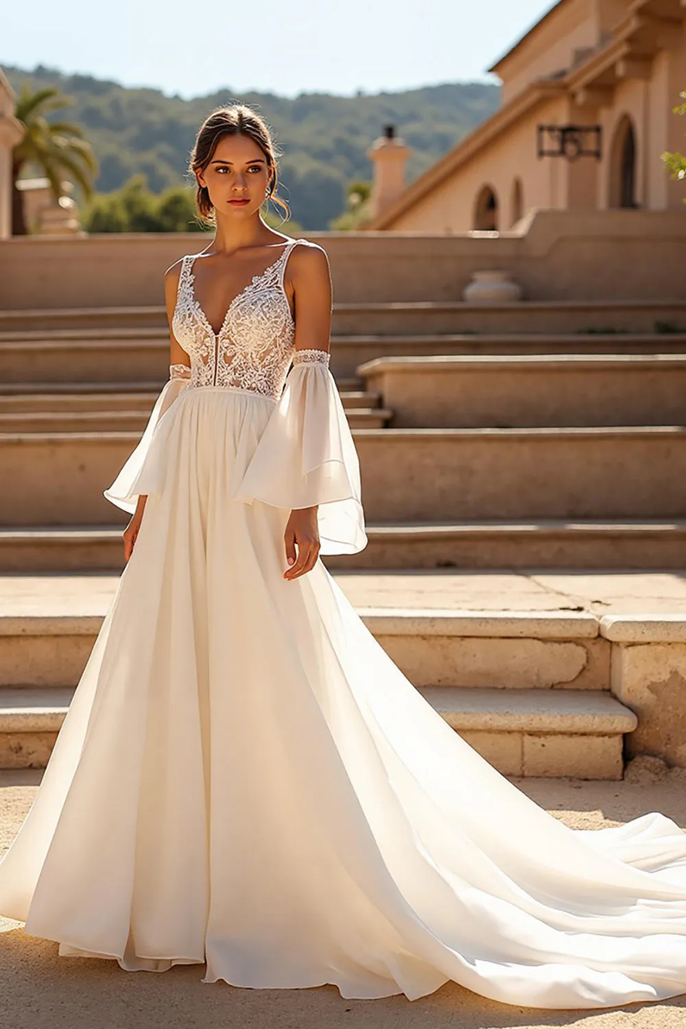 V-Neck Chiffon A Line Ivory Wedding Dress with Lace sold by Zapaka