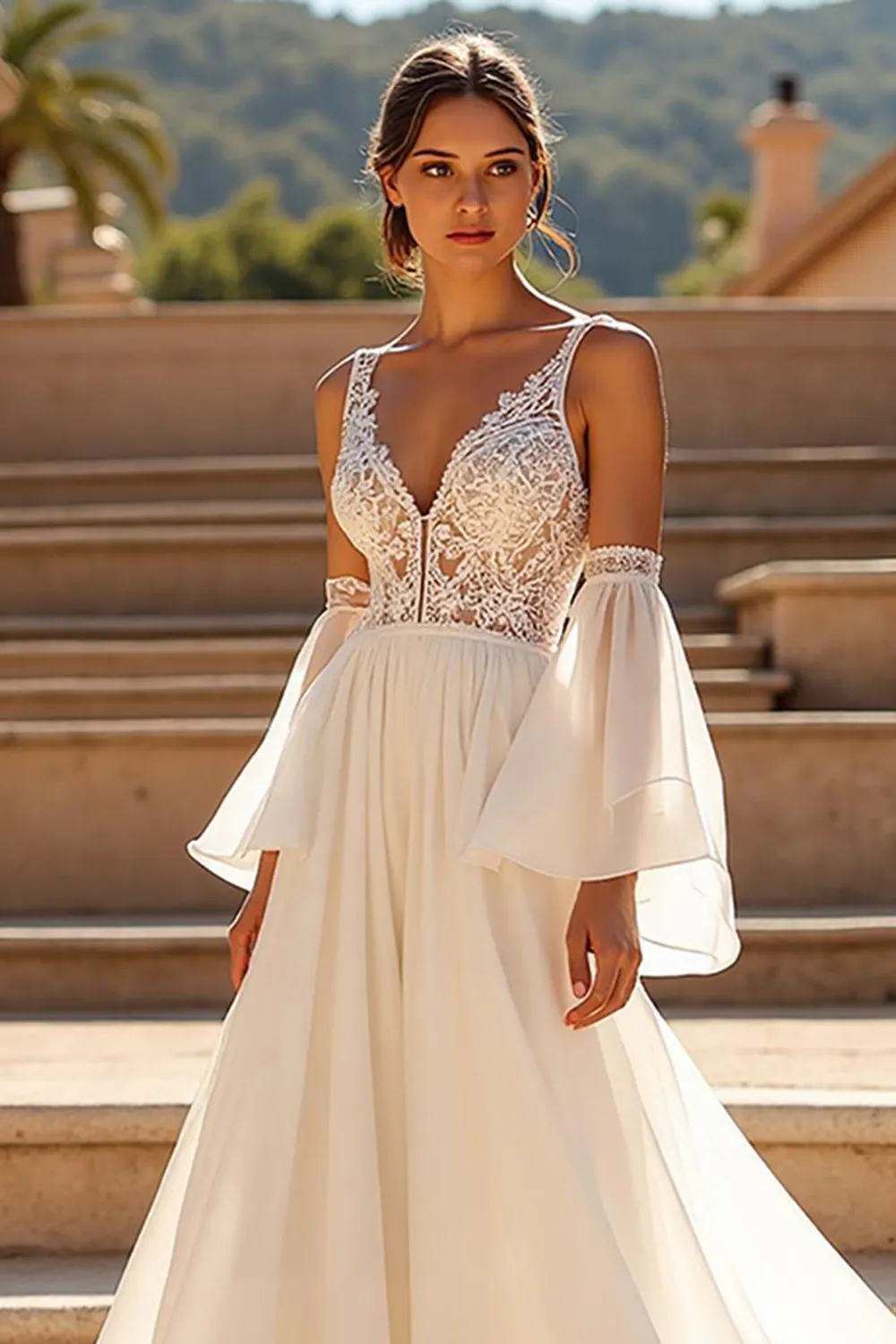 V-Neck Chiffon A Line Ivory Wedding Dress with Lace sold by Zapaka product image thumbnail 2