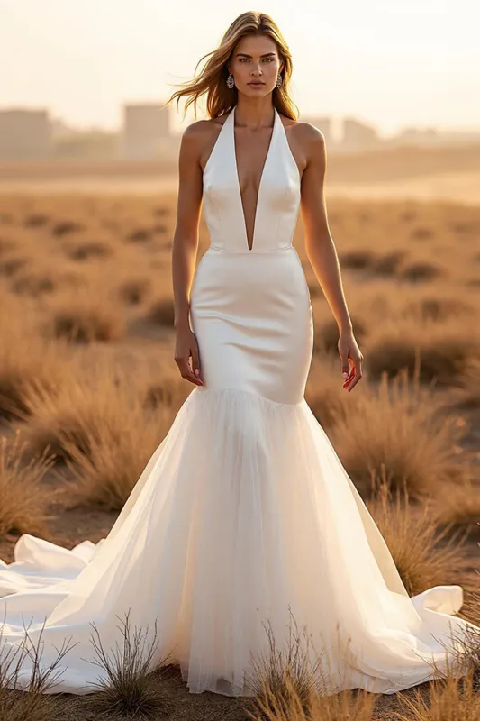 Ivory Simple Mermaid Halter Court Train Wedding Dress sold by Zapaka