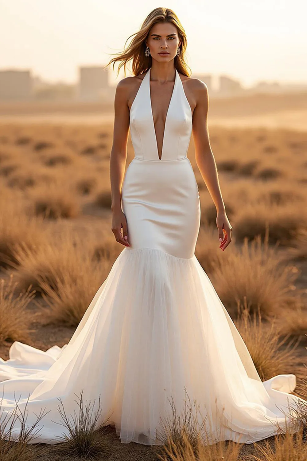 Ivory Simple Mermaid Halter Court Train Wedding Dress sold by Zapaka