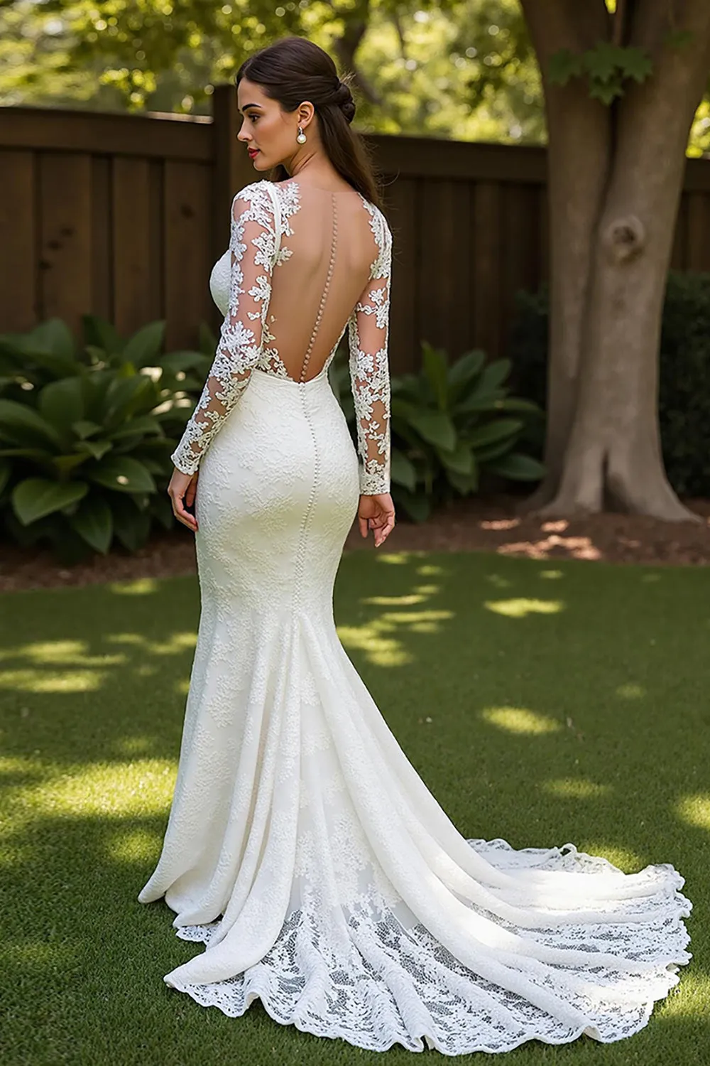 Lace Mermaid V-Neck Court Train Ivory Wedding Dress with Lace sold by Zapaka product image thumbnail 2