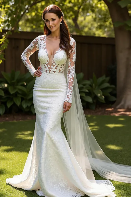 Lace Mermaid V-Neck Court Train Ivory Wedding Dress with Lace sold by Zapaka