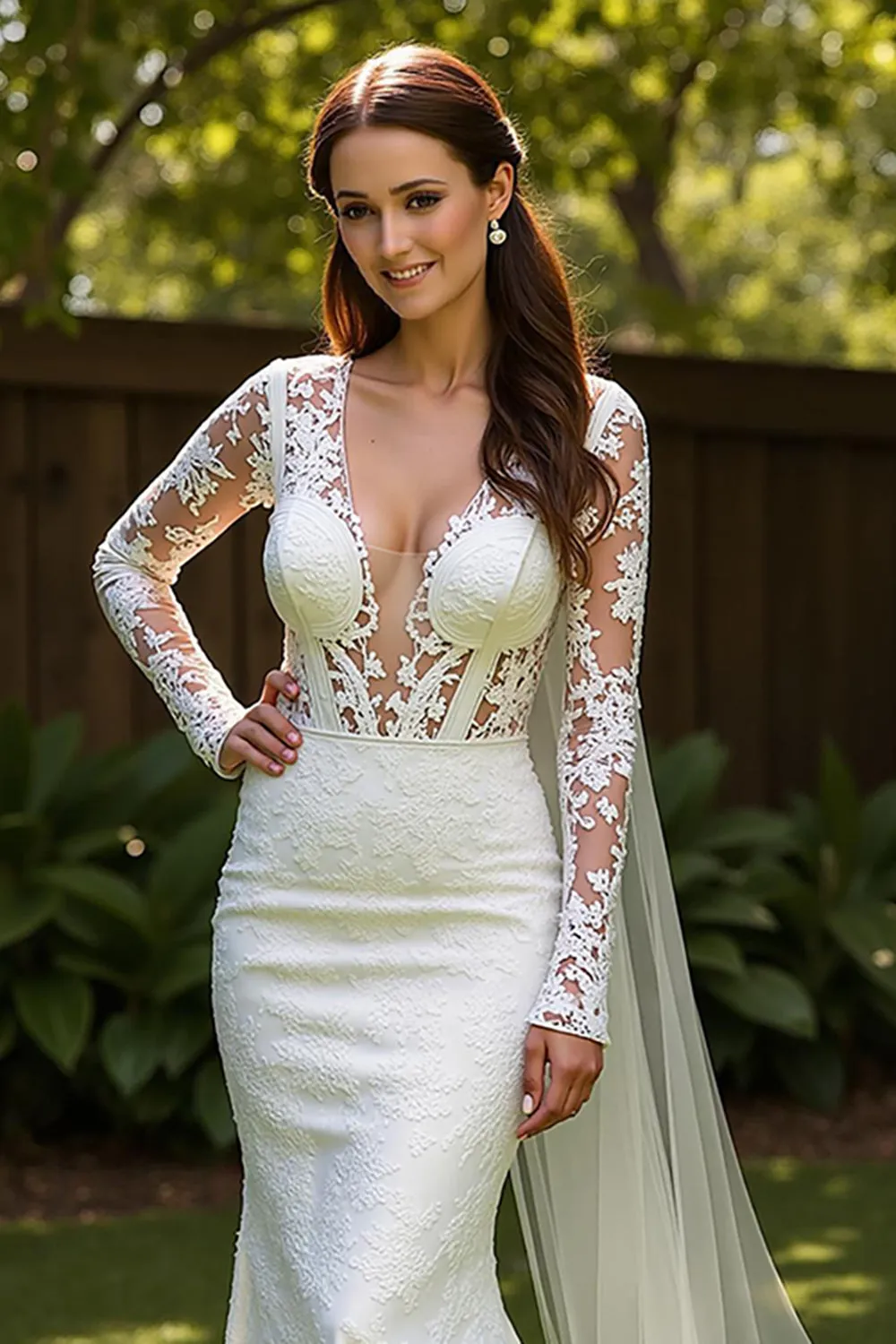 Lace Mermaid V-Neck Court Train Ivory Wedding Dress with Lace sold by Zapaka product image thumbnail 3