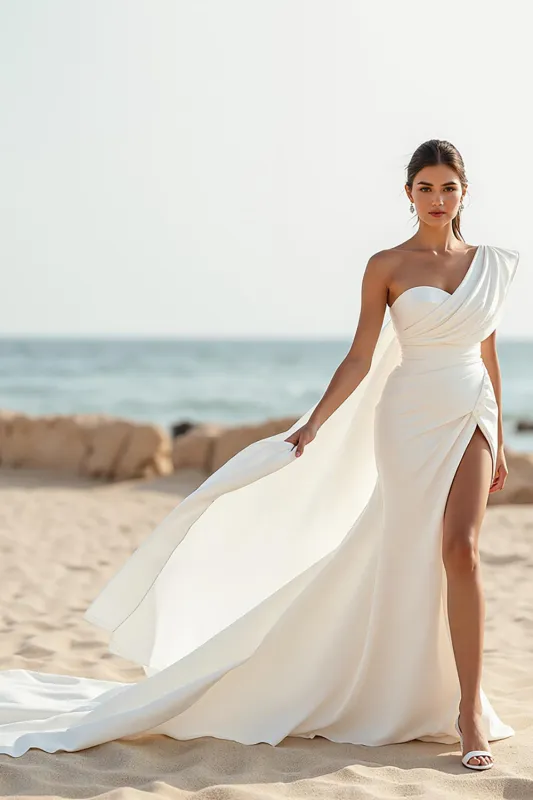 Ivory Simple Mermaid One Shoulder Court Train Wedding Dress with Slit sold by Zapaka