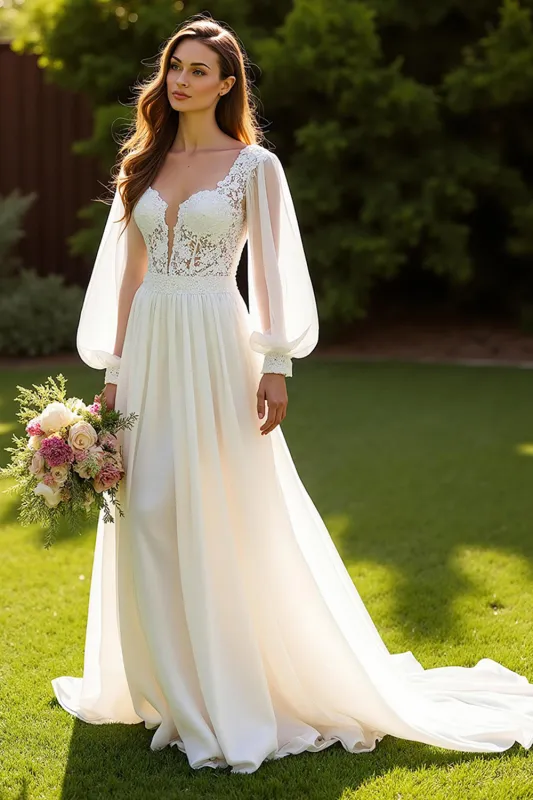 Ivory V-Neck Chiffon A Line Wedding Dress with Lace sold by Zapaka