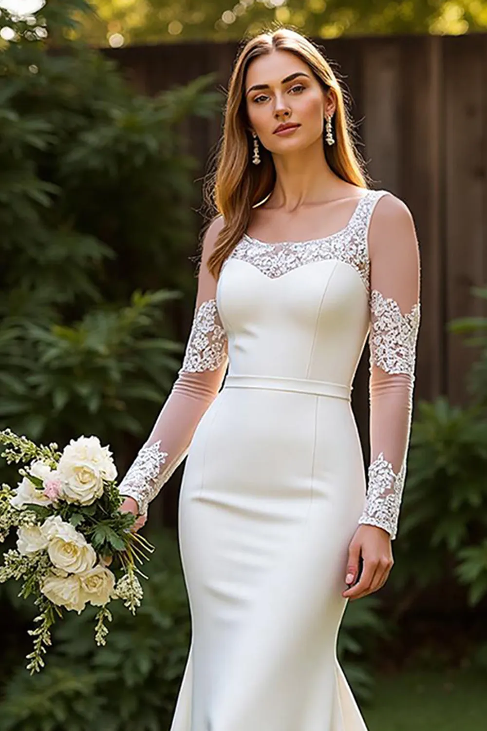 Ivory Simple Mermaid Square Neck Court Train Wedding Dress with Lace sold by Zapaka product image thumbnail 3