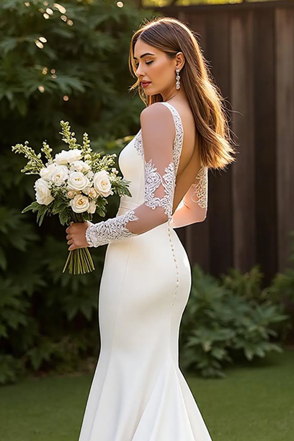 Ivory Simple Mermaid Square Neck Court Train Wedding Dress with Lace sold by Zapaka product image thumbnail 4