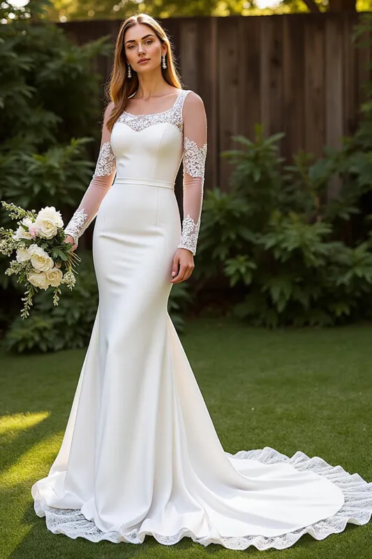 Ivory Simple Mermaid Square Neck Court Train Wedding Dress with Lace sold by Zapaka