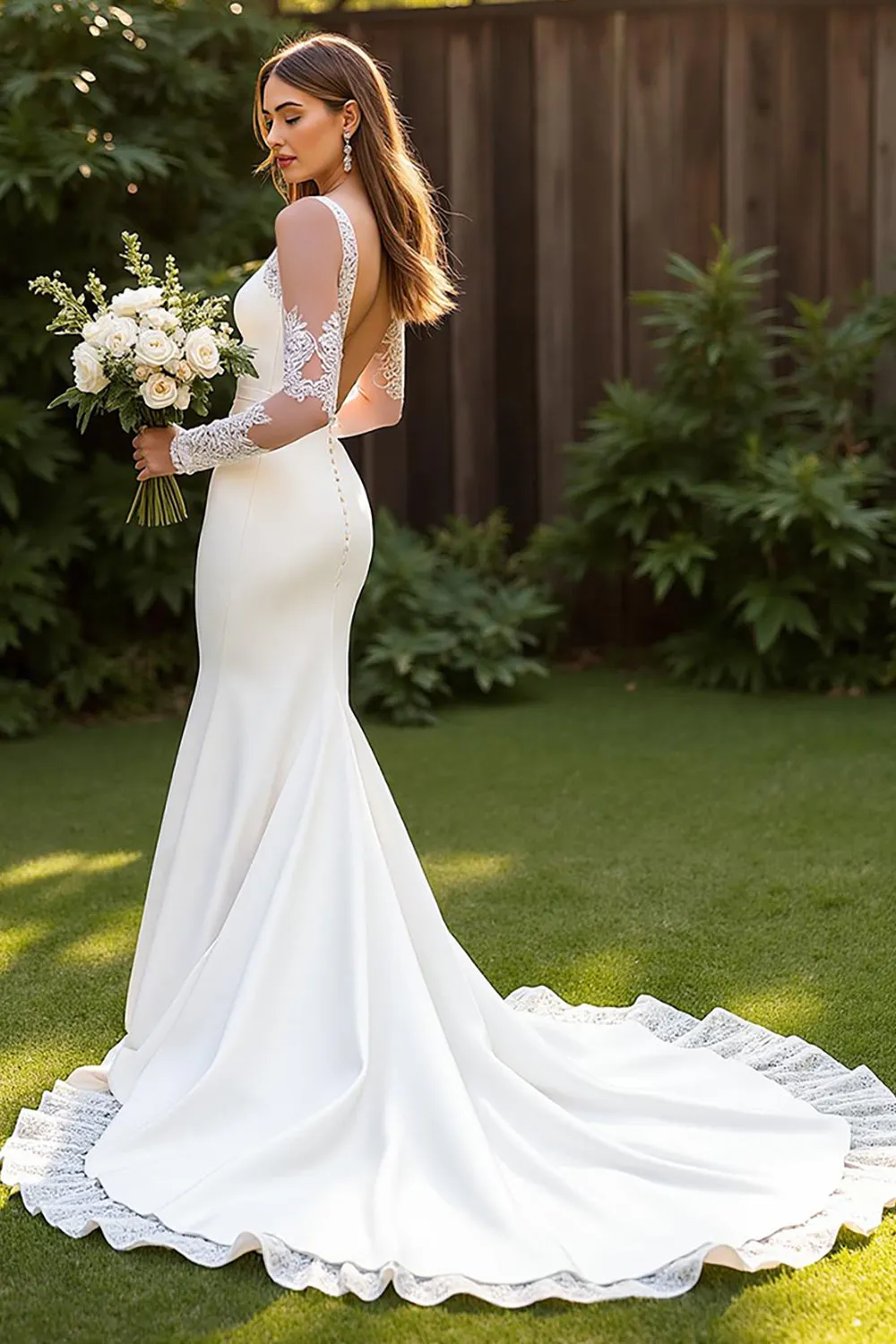 Ivory Simple Mermaid Square Neck Court Train Wedding Dress with Lace sold by Zapaka product image thumbnail 2