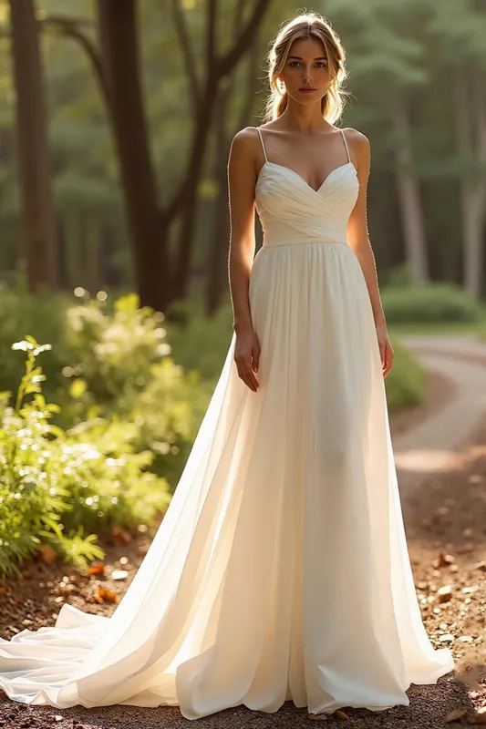 Ivory Spaghetti Straps Simple Chiffon A Line Wedding Dress sold by Zapaka
