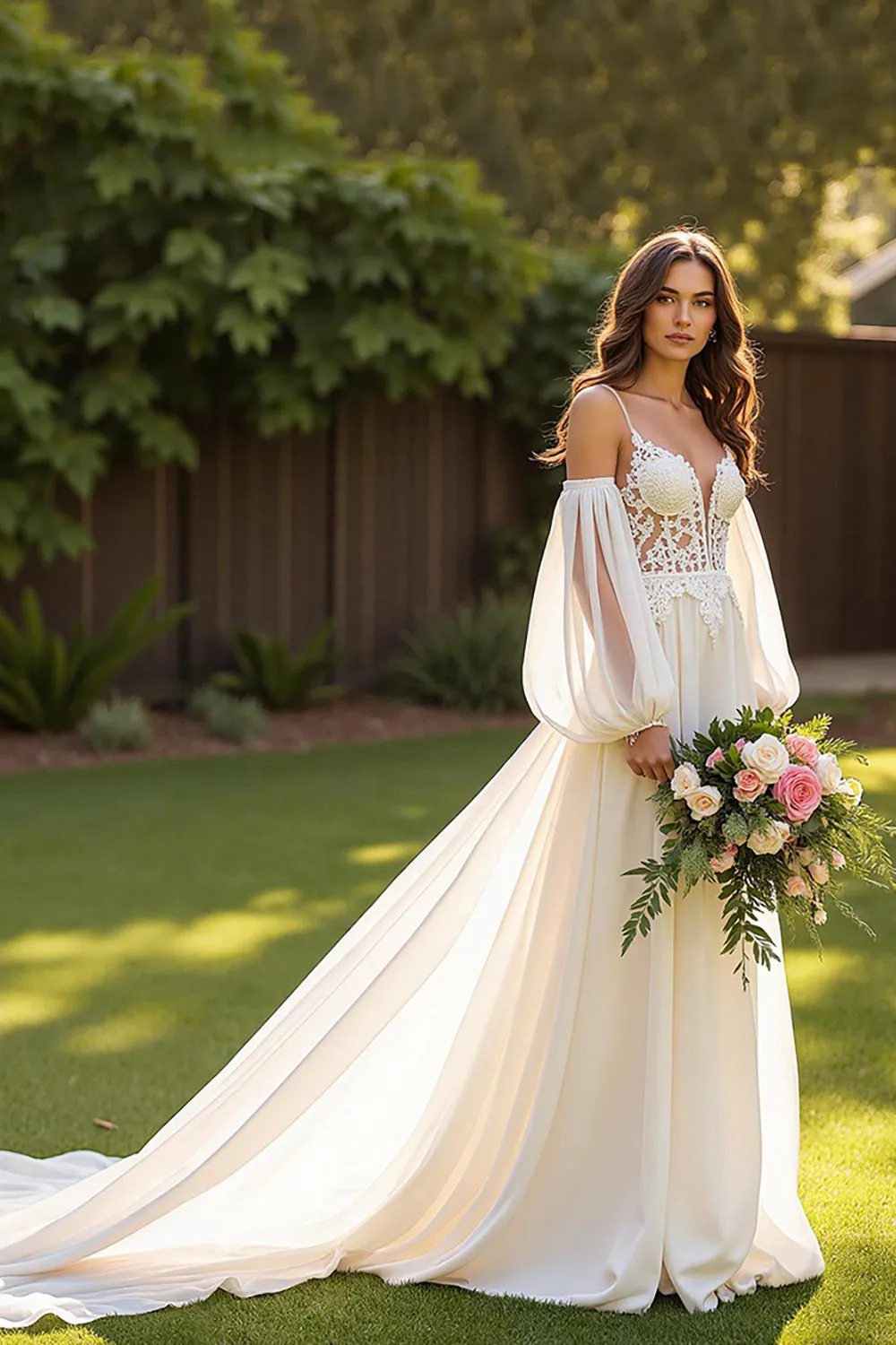 Ivory Chiffon A Line Court Train Wedding Dress with Lace Appliques sold by Zapaka