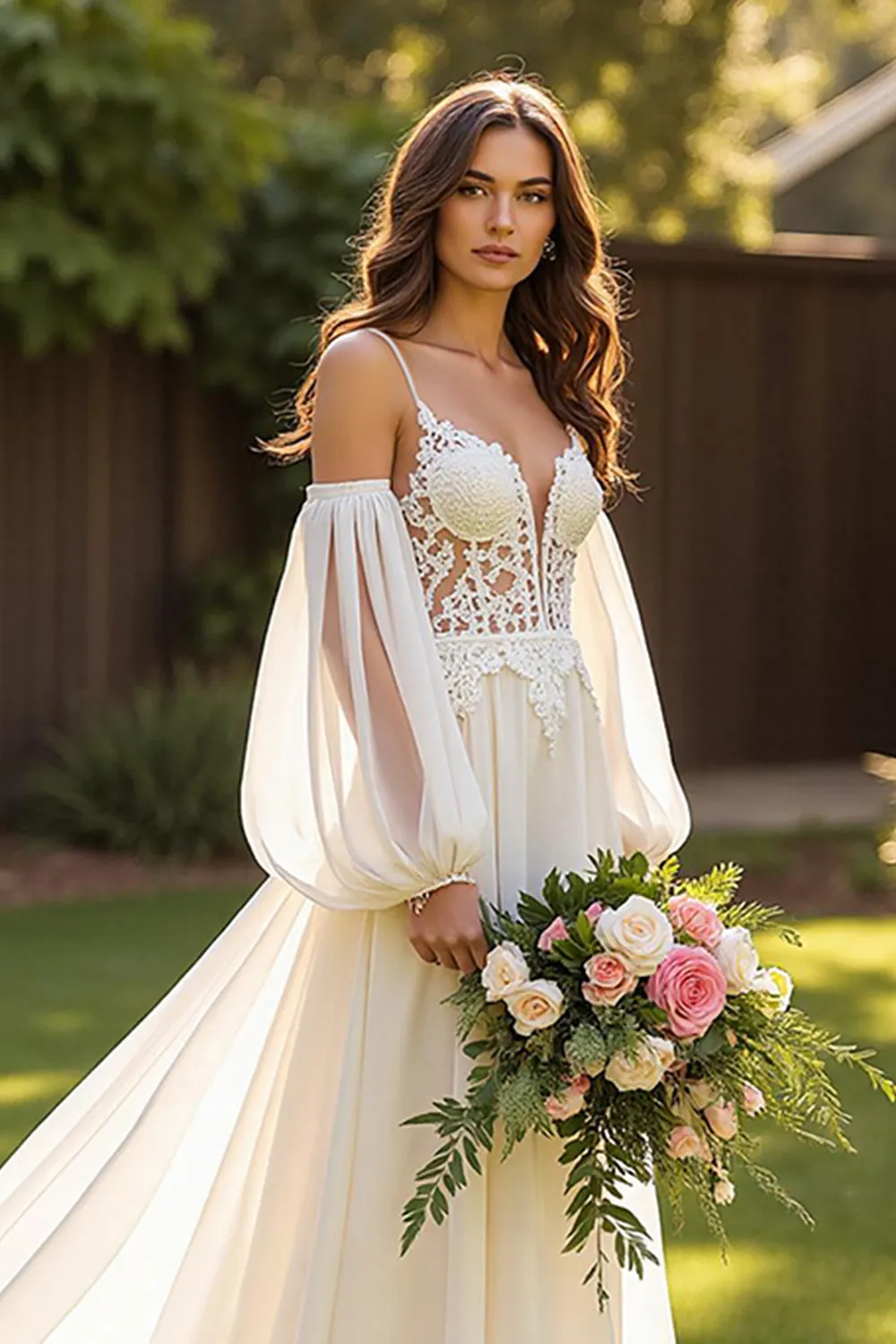 Ivory Chiffon A Line Court Train Wedding Dress with Lace Appliques sold by Zapaka product image thumbnail 2
