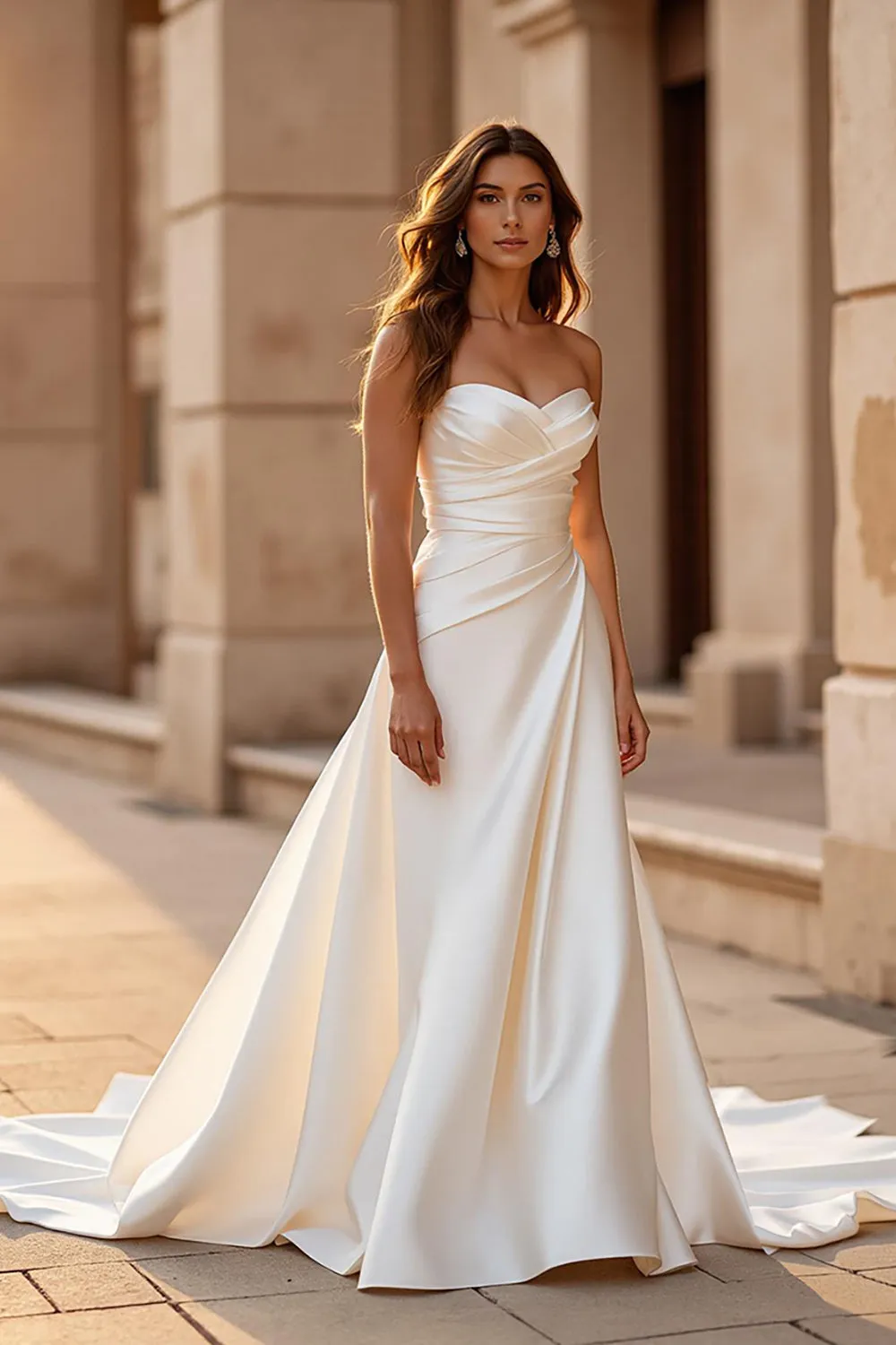 Court Train Satin A Line Sweetheart Ivory Wedding Dress sold by Zapaka