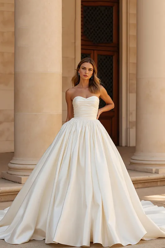 Chapel Train Satin Ball Gown Sweetheart Ivory Wedding Dress sold by Zapaka