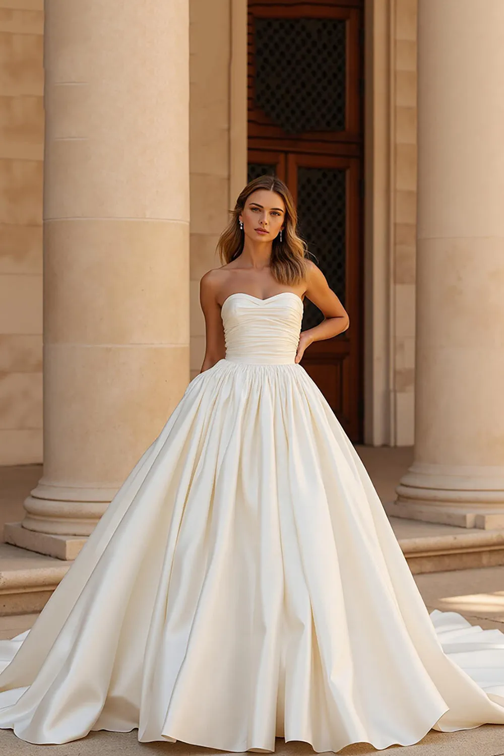 Chapel Train Satin Ball Gown Sweetheart Ivory Wedding Dress sold by Zapaka