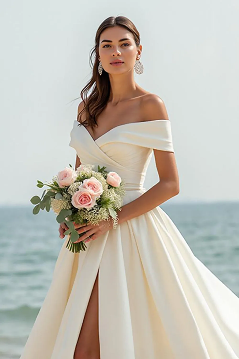 Ivory Satin A Line Off the Shoulder Chapel Train Wedding Dress sold by Zapaka product image thumbnail 2