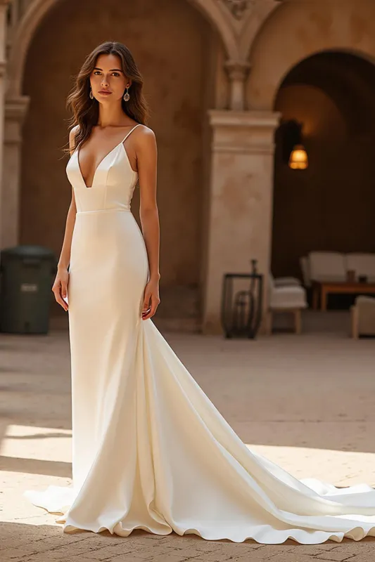 Ivory V-Neck Simple Stretch Satin Mermaid Wedding Dress sold by Zapaka