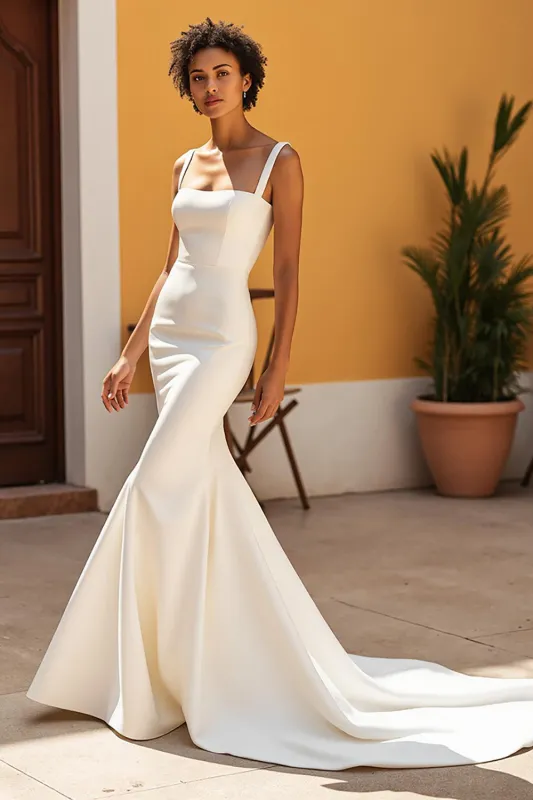 Ivory Mermaid Court Train Simple Stretch Satin Wedding Dress sold by Zapaka