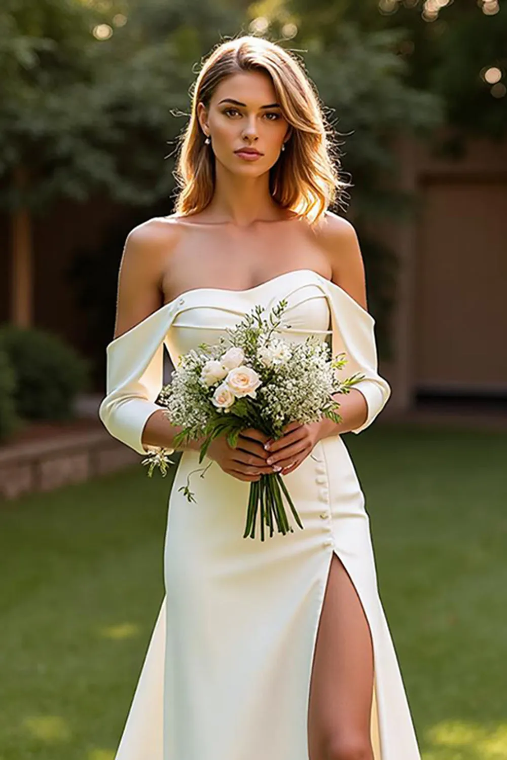 Mermaid Court Train Simple Stretch Satin Ivory Wedding Dress with Slit sold by Zapaka product image thumbnail 3