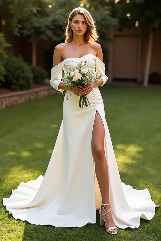 Mermaid Court Train Simple Stretch Satin Ivory Wedding Dress with Slit sold by Zapaka