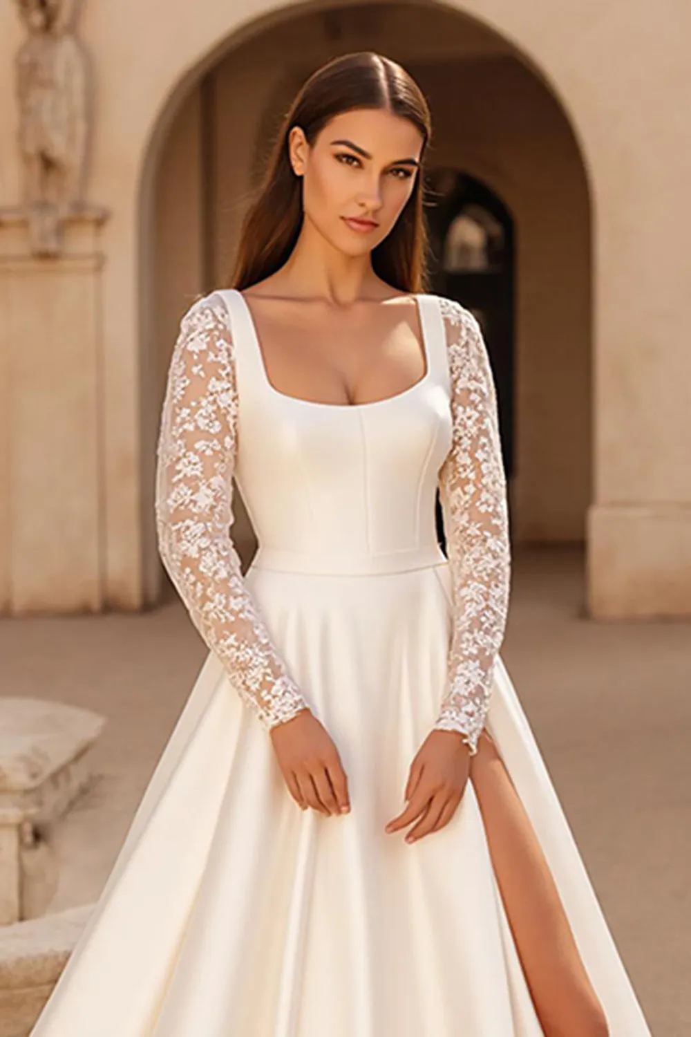 Ivory Satin A Line Square Neck Court Train Wedding Dress with Lace sold by Zapaka product image thumbnail 2
